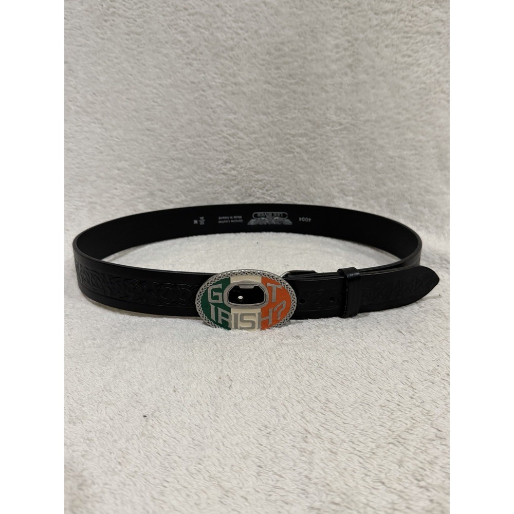 Lee River‎ Thick Black Leather Belt Ireland Sz 33/34 Medium Eternity Knot EUC